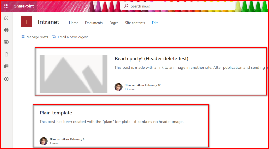 Screenshot of SharePoint news web parts with a post with header image that was deleted, and a post in Plain template, with no header image by default.