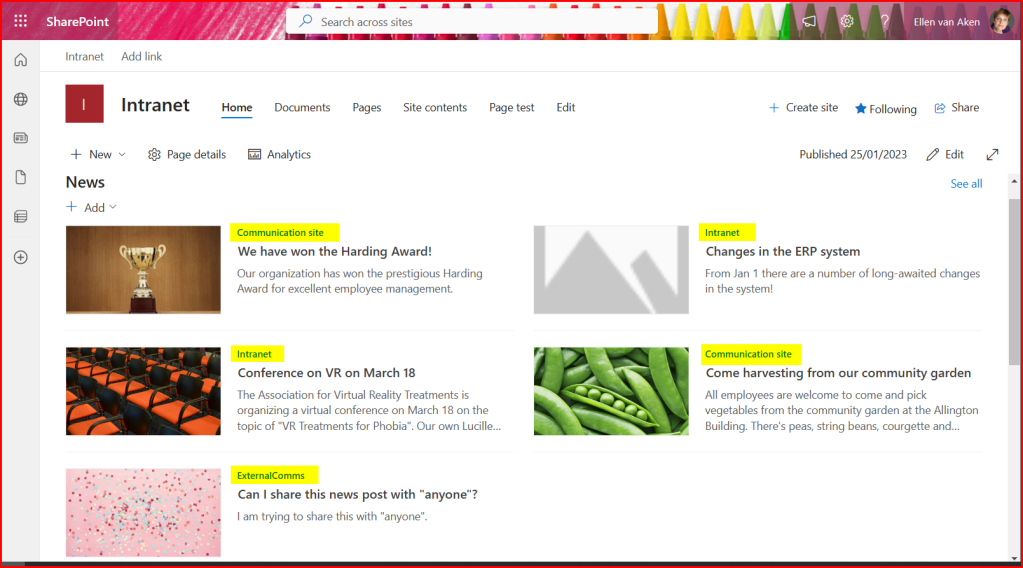Screenshot of SharePoint news web part, with News from the 3 sites that are in the Hub. 